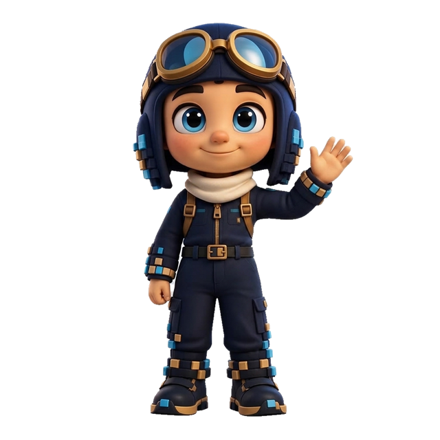 Pilo, maskot PixelPilot, melambai